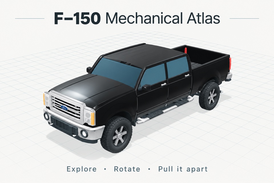 Illustrated preview of F-150 Mechanical Atlas showing a black pickup on an engineering grid