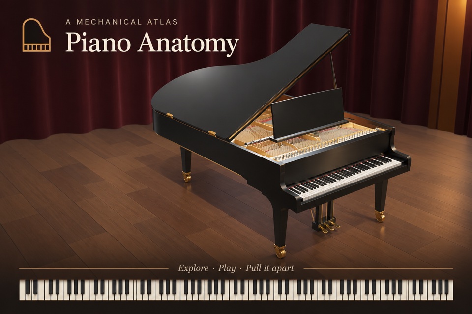 Illustrated preview of Piano Anatomy showing an open concert grand piano and keyboard